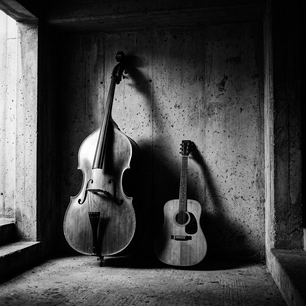 Contrabaixo acústico e violão em estúdio brutalista